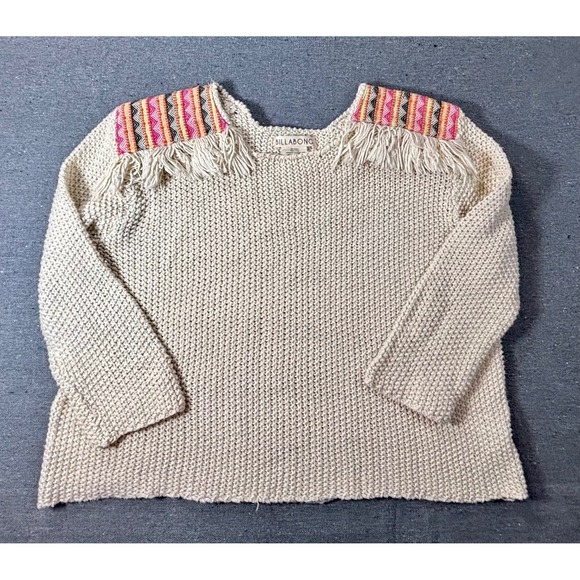 Billabong Sweaters - Billabong Cream Cotton Knit Fringe Sweater Boho Southwestern Embroidered Large